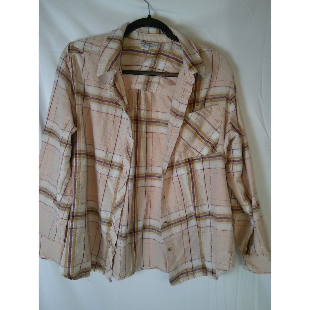 ARIZONA JEAN CO Womens Plaid Flannel Long Sleeve Shirt‎ XL Metallic Threads
